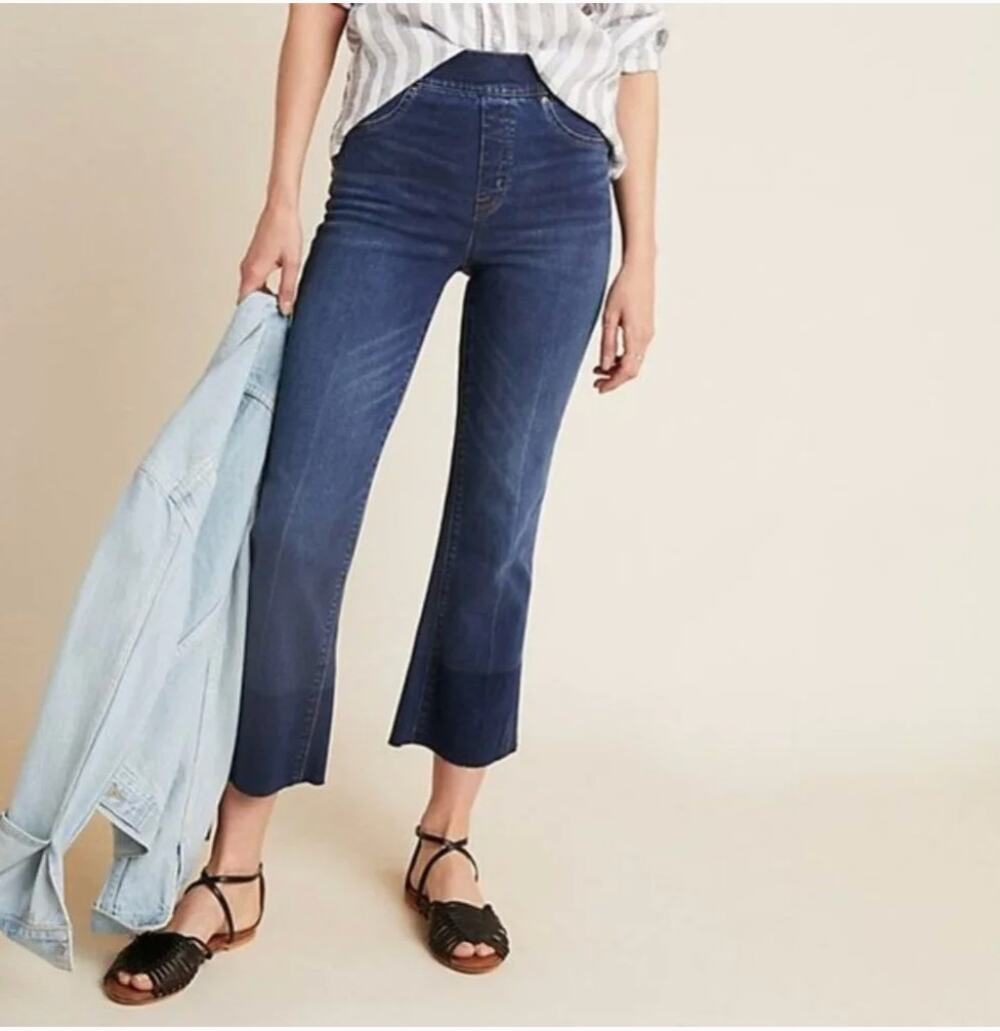 SPANX Pull-On Cropped Flare Jeans Medium Dark Wash Raw Hem Stretch Denim
